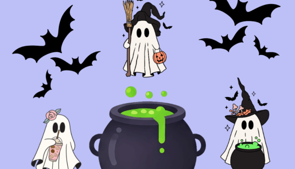 An illustration with a black cauldron overflowing with green liquid. There are also three traditional white-sheet draped ghosts and six bats, on a lilac-coloured background.