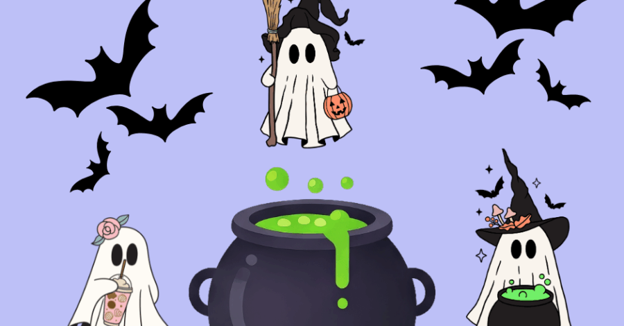 An illustration with a black cauldron overflowing with green liquid. There are also three traditional white-sheet draped ghosts and six bats, on a lilac-coloured background.