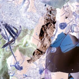 Different materials layered over eachother, collaged and layered in shades of deep purple and light green, watery blues.