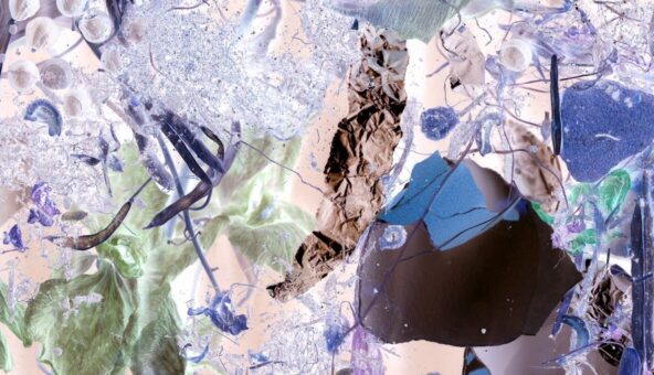 Different materials layered over eachother, collaged and layered in shades of deep purple and light green, watery blues.