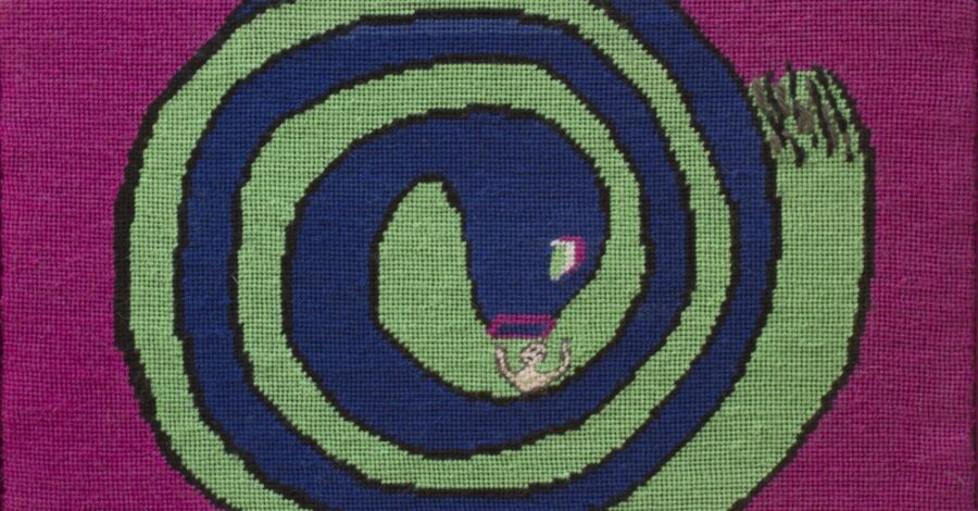 A needlepoint artwork depicting a large, blue and lime green striped snake coiled in a tight spiral on a vibrant magenta background. A small, pale, human-like figure is visible in the snake's jaws near the center.