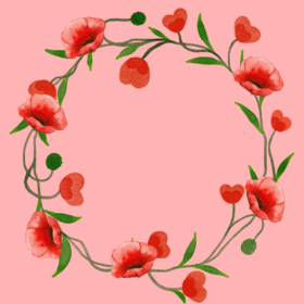 An illustration of a red and green wreath of poppies on a pink background.