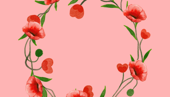 An illustration of a red and green wreath of poppies on a pink background.