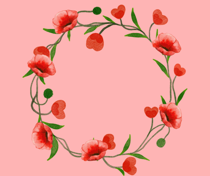 An illustration of a red and green wreath of poppies on a pink background.