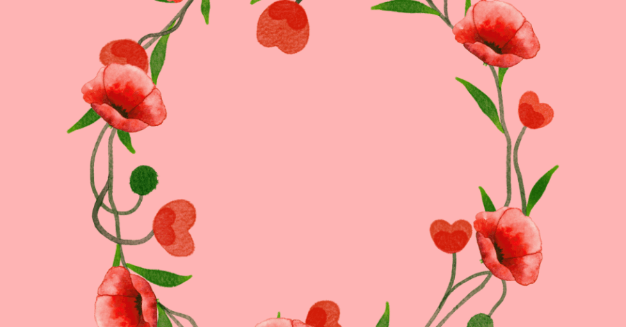 An illustration of a red and green wreath of poppies on a pink background.