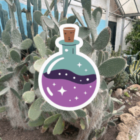 An illustration of a potion bottle containing a purple liquid with a cork lid.
