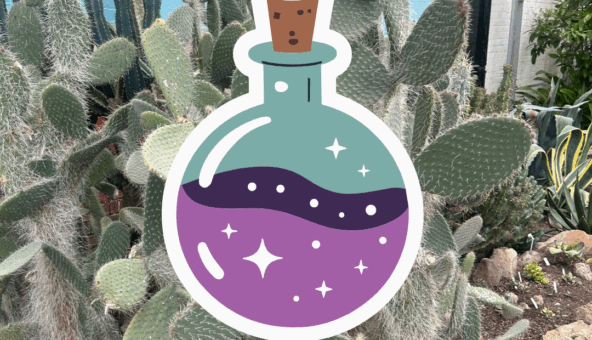An illustration of a potion bottle containing a purple liquid with a cork lid.