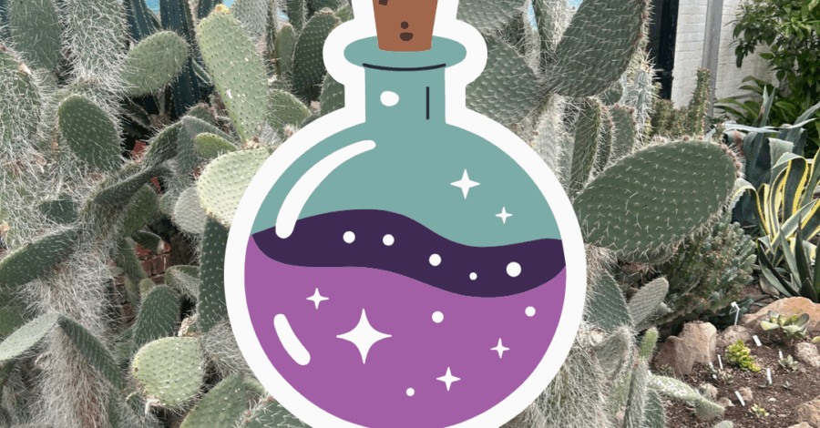 An illustration of a potion bottle containing a purple liquid with a cork lid.