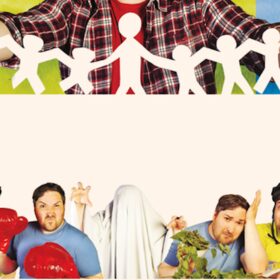 We are Family. A man holding paper cut outs of figures and five different characters below him in different poses.