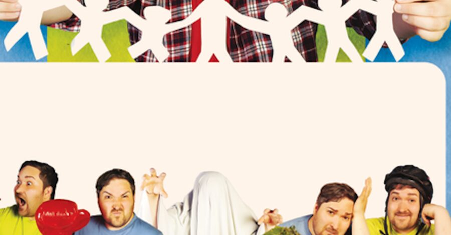 We are Family. A man holding paper cut outs of figures and five different characters below him in different poses.