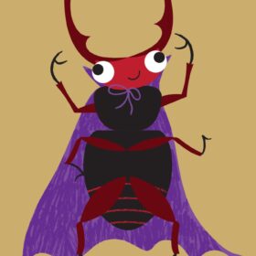 An illustration of a read and black beetle wearing a purple cape.