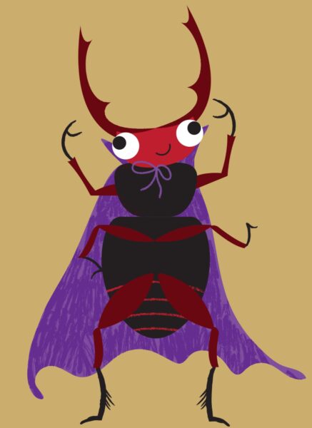 An illustration of a read and black beetle wearing a purple cape.