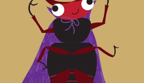 An illustration of a read and black beetle wearing a purple cape.