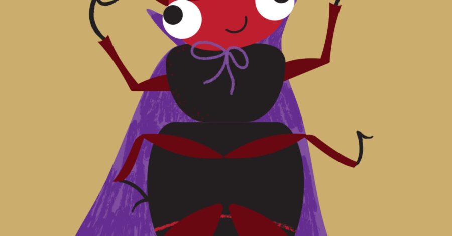 An illustration of a read and black beetle wearing a purple cape.