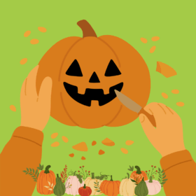 An illustration of a pumpkin with a face carved into it and a pair of hands holding the pumpkin and a tool that looks like a knife.