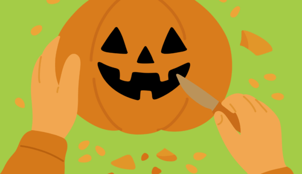 An illustration of a pumpkin with a face carved into it and a pair of hands holding the pumpkin and a tool that looks like a knife.