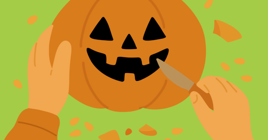 An illustration of a pumpkin with a face carved into it and a pair of hands holding the pumpkin and a tool that looks like a knife.