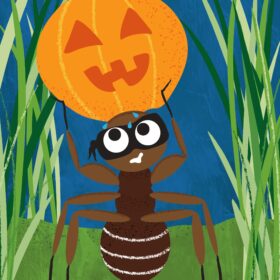 A cartoon ant in long green grass lifting a large orange pumpkin mask
