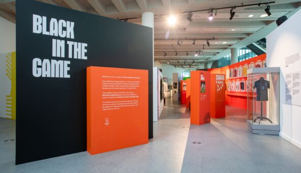 Some of the exhibition stands at Black in the Game, the new show at the National Football Museum.