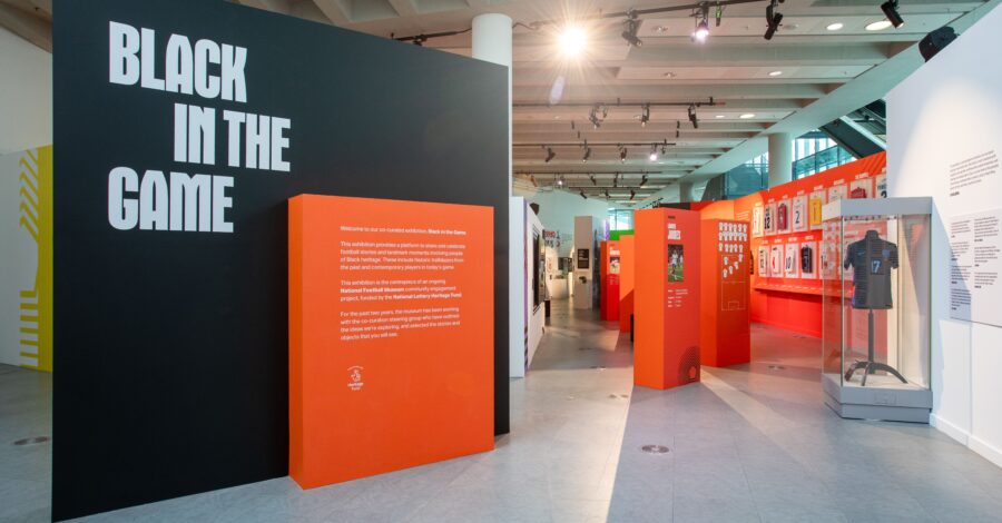 Some of the exhibition stands at Black in the Game, the new show at the National Football Museum.
