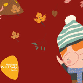 An illustration of a little boy who is wearing glasses and a green and white striped bobble hat. There are leaves of different shades of brown swirling in the air around him.