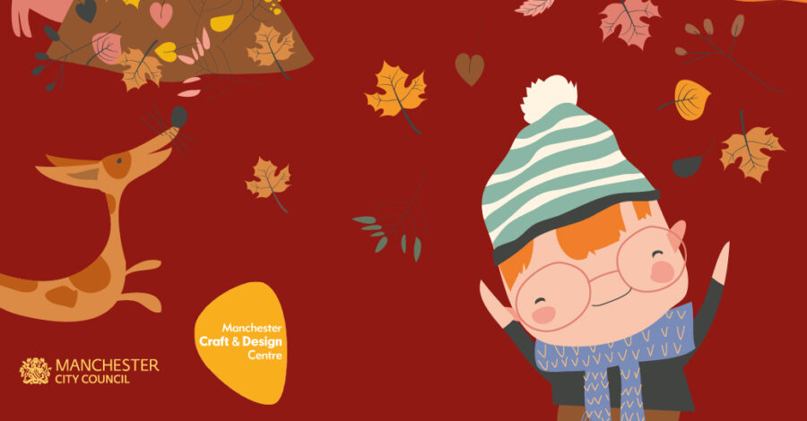An illustration of a little boy who is wearing glasses and a green and white striped bobble hat. There are leaves of different shades of brown swirling in the air around him.