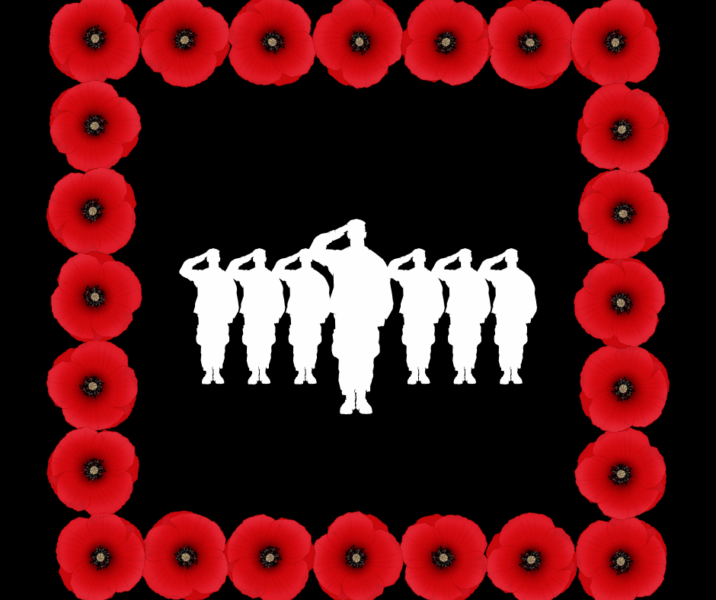 The white silhouettes of seven soldiers on a black background with a frame of red poppies around them.