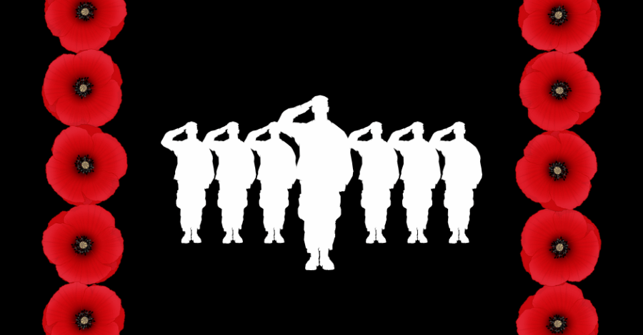 The white silhouettes of seven soldiers on a black background with a frame of red poppies around them.