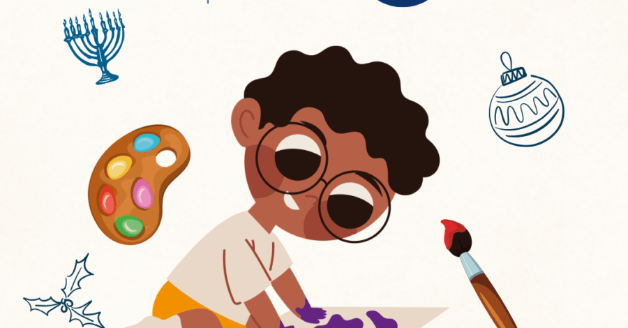 An illustration of a child painting surrounded by pictures of a menorah, a bauble, holly, and a snowflake. There are also the logos for Heaton Park and the Earlybird Project above the illustration.