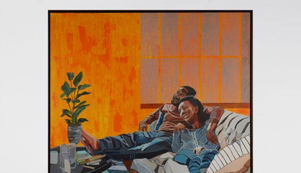 A painting of a man and a woman sat relaxing on a chair together. They look happy and the man has his arm around the woman. The room is painted in a warm orange colour and there is a green house plant in the background.