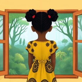 Illustration of a young girl with two buns in her hair, wearing a yellow dress with black flower patterns, standing and looking out of an open window at a lush green forest.