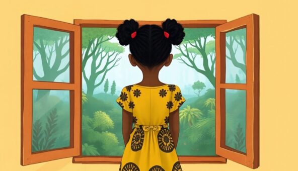 Illustration of a young girl with two buns in her hair, wearing a yellow dress with black flower patterns, standing and looking out of an open window at a lush green forest.