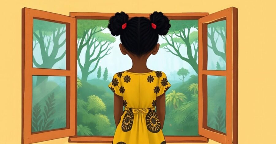 Illustration of a young girl with two buns in her hair, wearing a yellow dress with black flower patterns, standing and looking out of an open window at a lush green forest.