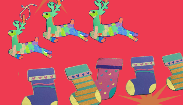 A colourful illustration of three reindeers flying through the sky and a row of Christmas stockings below them. The reindeers and stockings are multicoloured and the background is red.