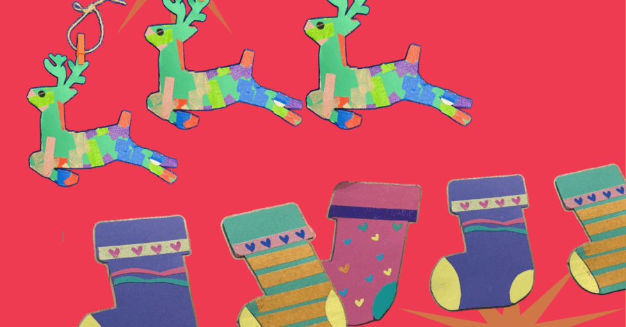 A colourful illustration of three reindeers flying through the sky and a row of Christmas stockings below them. The reindeers and stockings are multicoloured and the background is red.