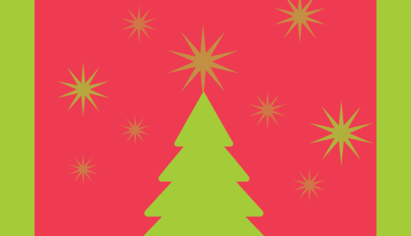 The simple outline of a Christmas tree and stars on a red background. The Christmas tree and stars are lime green.