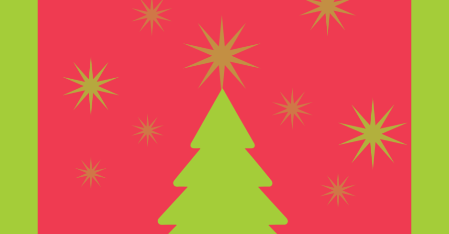 The simple outline of a Christmas tree and stars on a red background. The Christmas tree and stars are lime green.