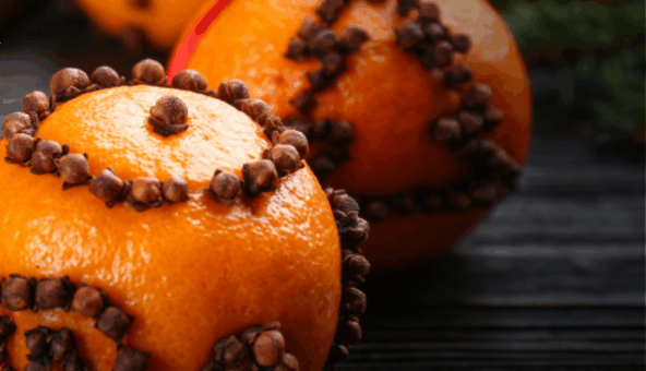 Pomanders that have been created by sticking cloves into an orange.