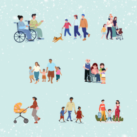 Illustrations of different families walking in the snow