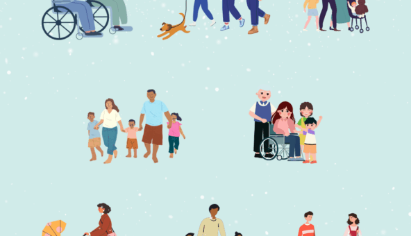 Illustrations of different families walking in the snow