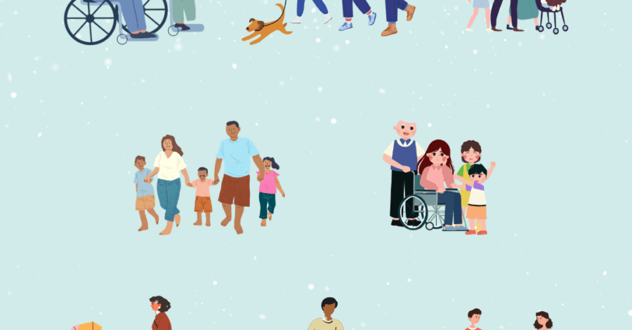 Illustrations of different families walking in the snow