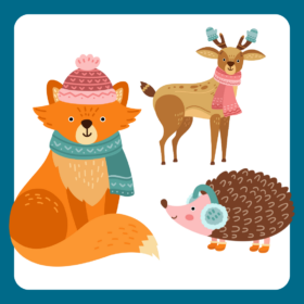 Simple illustrations of a fox, a hedgehog and a deer dressed in winter clothes.