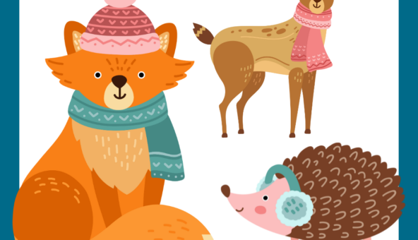 Simple illustrations of a fox, a hedgehog and a deer dressed in winter clothes.