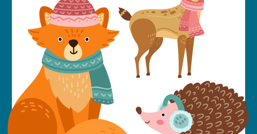 Simple illustrations of a fox, a hedgehog and a deer dressed in winter clothes.