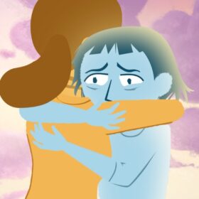 A digital illustration of two people hugging. One person has a worried expression and is small and blue and the other person faces away and is taller and orange.