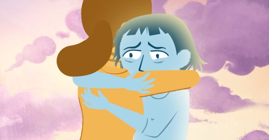 A digital illustration of two people hugging. One person has a worried expression and is small and blue and the other person faces away and is taller and orange.
