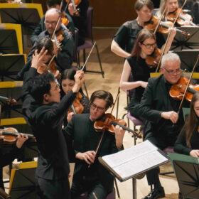 A group of people with their instruments sat playing as part of an orchestra.