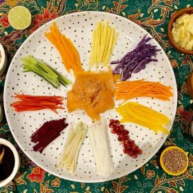A plate with lots of different coloured vegetables laid out on it.