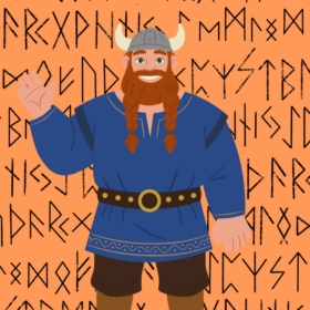 An illustration of a Viking with long red hair and a red beard, wearing a blue tunic top, black trousers and brown boots. The Viking also wears a silver helmet with two white horns coming out of either side.