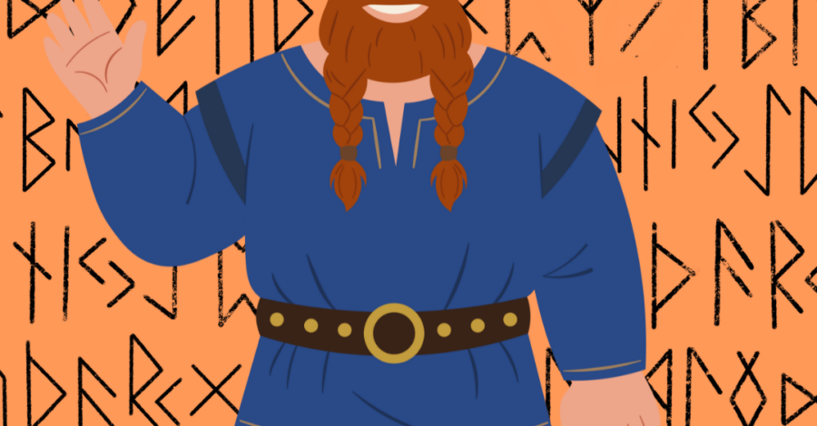 An illustration of a Viking with long red hair and a red beard, wearing a blue tunic top, black trousers and brown boots. The Viking also wears a silver helmet with two white horns coming out of either side.